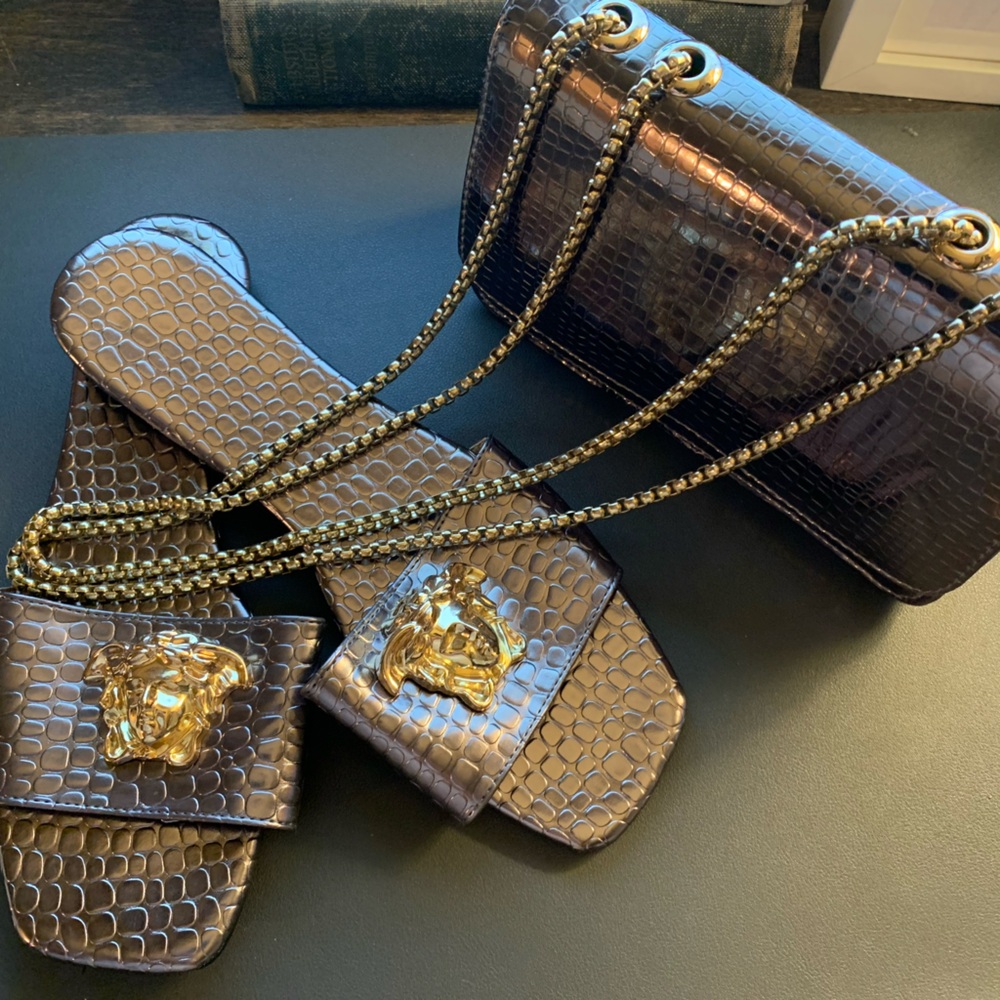 Faux Versace Women's Slides & Handbag
